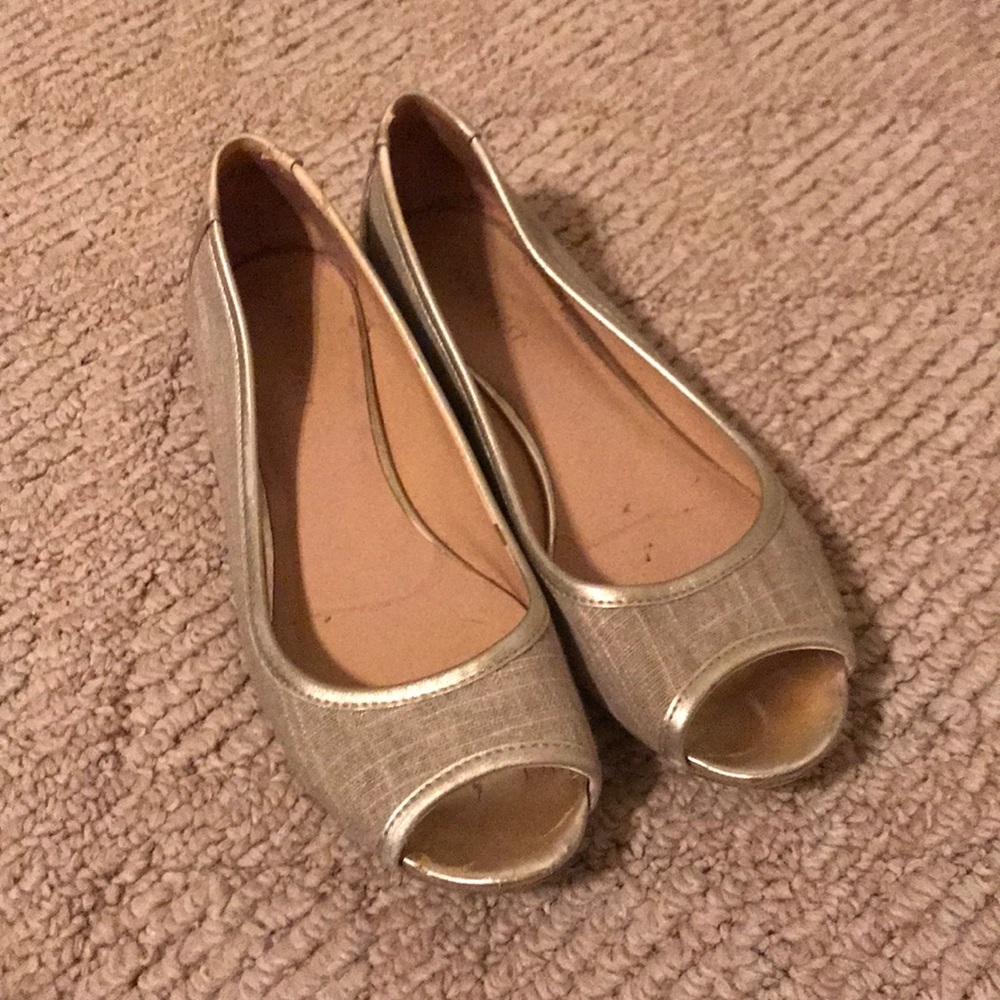 Gold and Linen Peep Toe Flats
